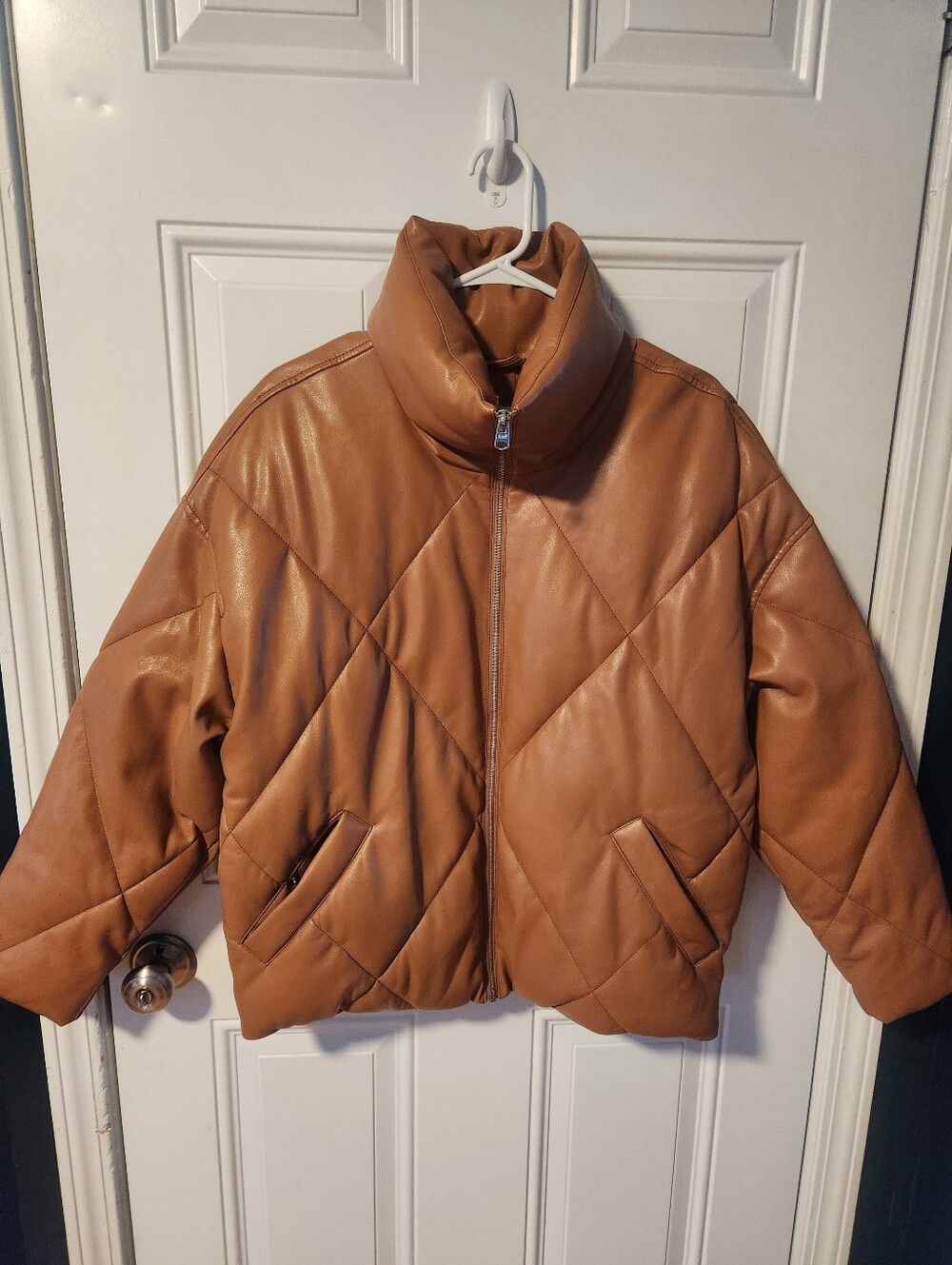 Abercrombie And Fitch Tan Faux Leather Womens Puffer Zip Up Coat Size Medium